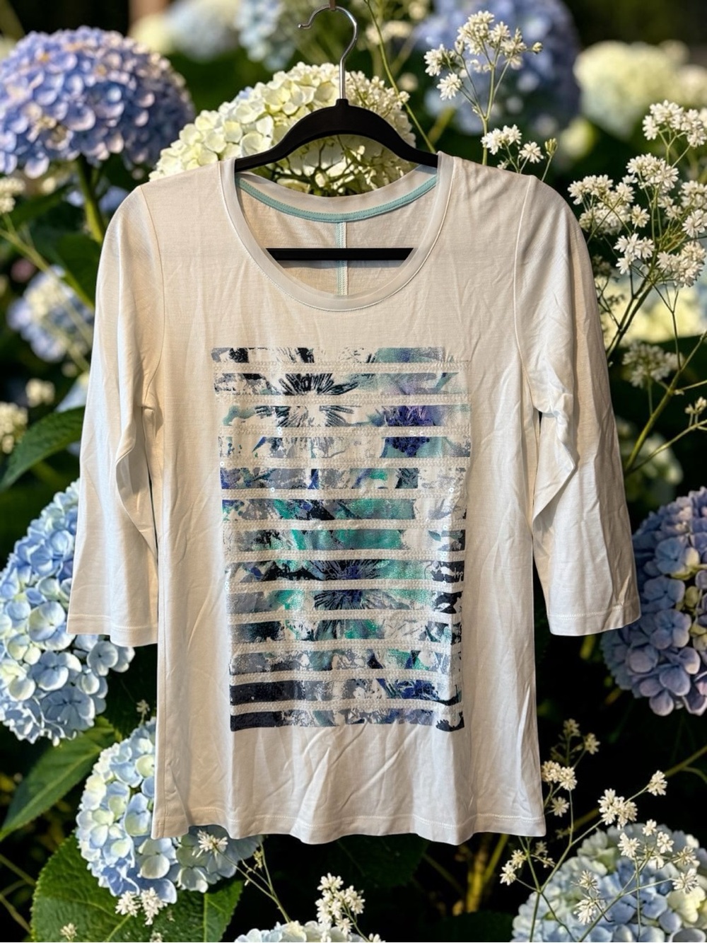 White 3/4 Sleeve Top with Blue & Teal Graphic & Sequin Embellishment